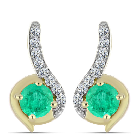 Pozlacené Stříbro 925/1000 - Náušnice s Kolumbijským Smaragdem a Bílým Diamantem - Karátové číslo: 0.64. přibližná hmotnost: 2.79 gramů