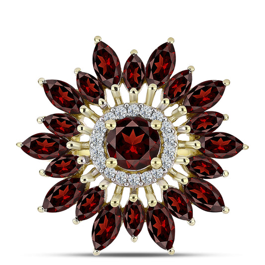 Pozlacené stříbro 925/1000 Prsten s Bartonským Granátem a Bílým Topazem - Karátové číslo: 3.81. přibližná hmotnost: 4.82 gramů