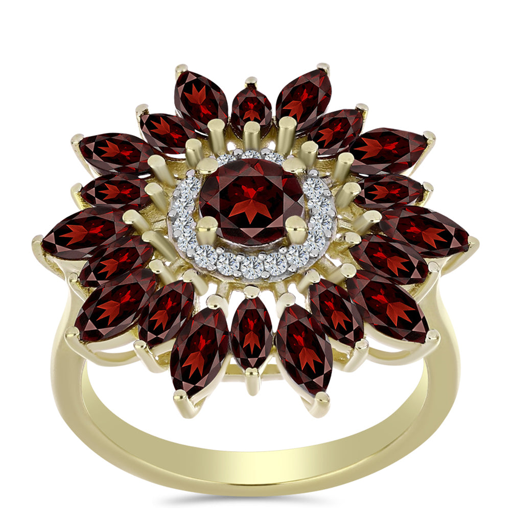 Pozlacené stříbro 925/1000 Prsten s Bartonským Granátem a Bílým Topazem - Karátové číslo: 3.81. přibližná hmotnost: 4.82 gramů