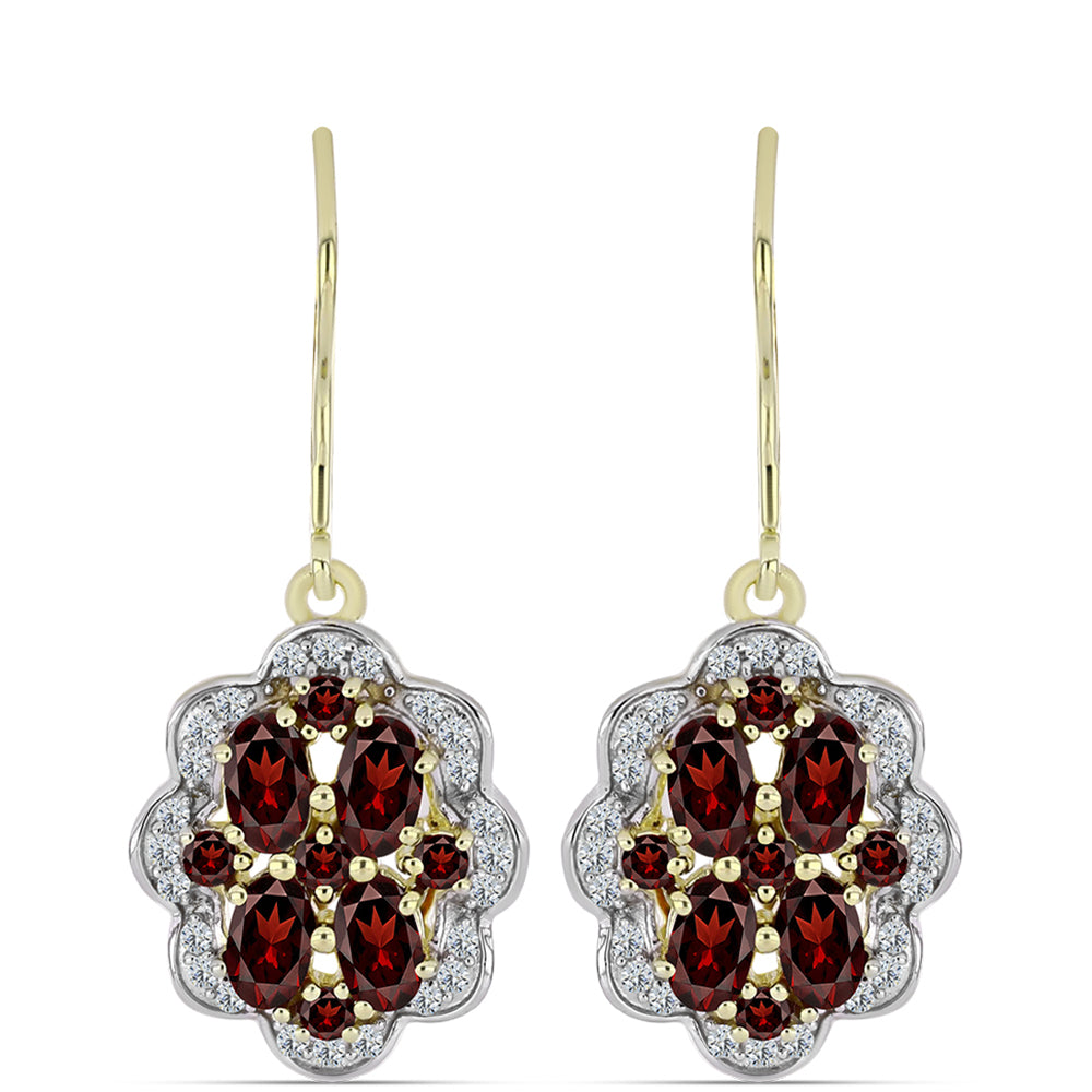 Pozlacené stříbro 925/1000 Náušnice s Bartonským Granátem a Bílým Topazem - Karátové číslo: 3.43. přibližná hmotnost: 4.75 gramů