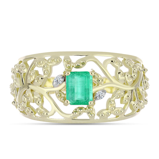 Pozlacené Stříbro 925/1000 - Prsten s Kolumbijským Smaragdem a Bílým Diamantem - Karátové číslo: 0.42. přibližná hmotnost: 3.28 gramů