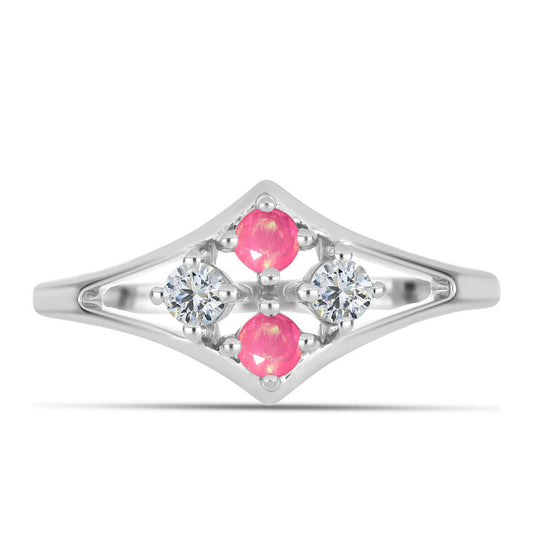 Stříbrný Prsten s Růžovým Opálem z Lega Dembi a Bílým Topazem