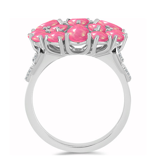 Stříbro 925/1000 - Prsten s Růžovým Opálem z Lega Dembi a Bílým Topazem - Karátové číslo: 2.36. přibližná hmotnost: 5.56 gramů