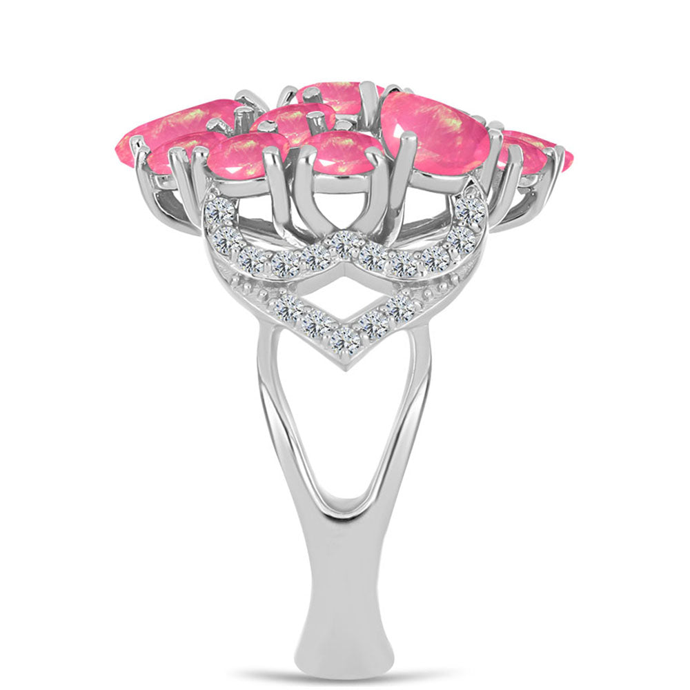 Stříbro 925/1000 - Prsten s Růžovým Opálem z Lega Dembi a Bílým Topazem - Karátové číslo: 2.36. přibližná hmotnost: 5.56 gramů