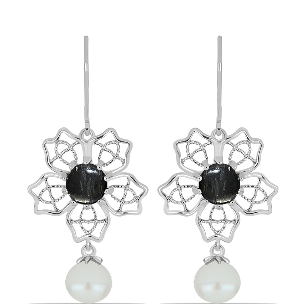 Stříbro 925/1000 - Náušnice s Picasso Jaspisem a Bílou Sladkovodní Perlou - Karátové číslo: 10.04. přibližná hmotnost: 6.53 gramů