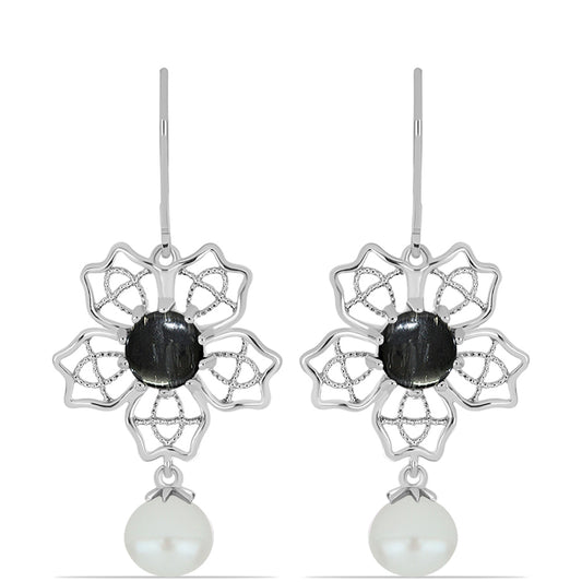 Stříbro 925/1000 - Náušnice s Picasso Jaspisem a Bílou Sladkovodní Perlou - Karátové číslo: 10.04. přibližná hmotnost: 6.53 gramů