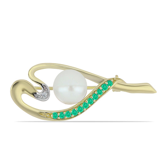 Pozlacené Stříbro 925/1000 - Brož s Kolumbijským Smaragdem a Bílým Diamantem - Karátové číslo: 4.21. přibližná hmotnost: 3.46 gramů