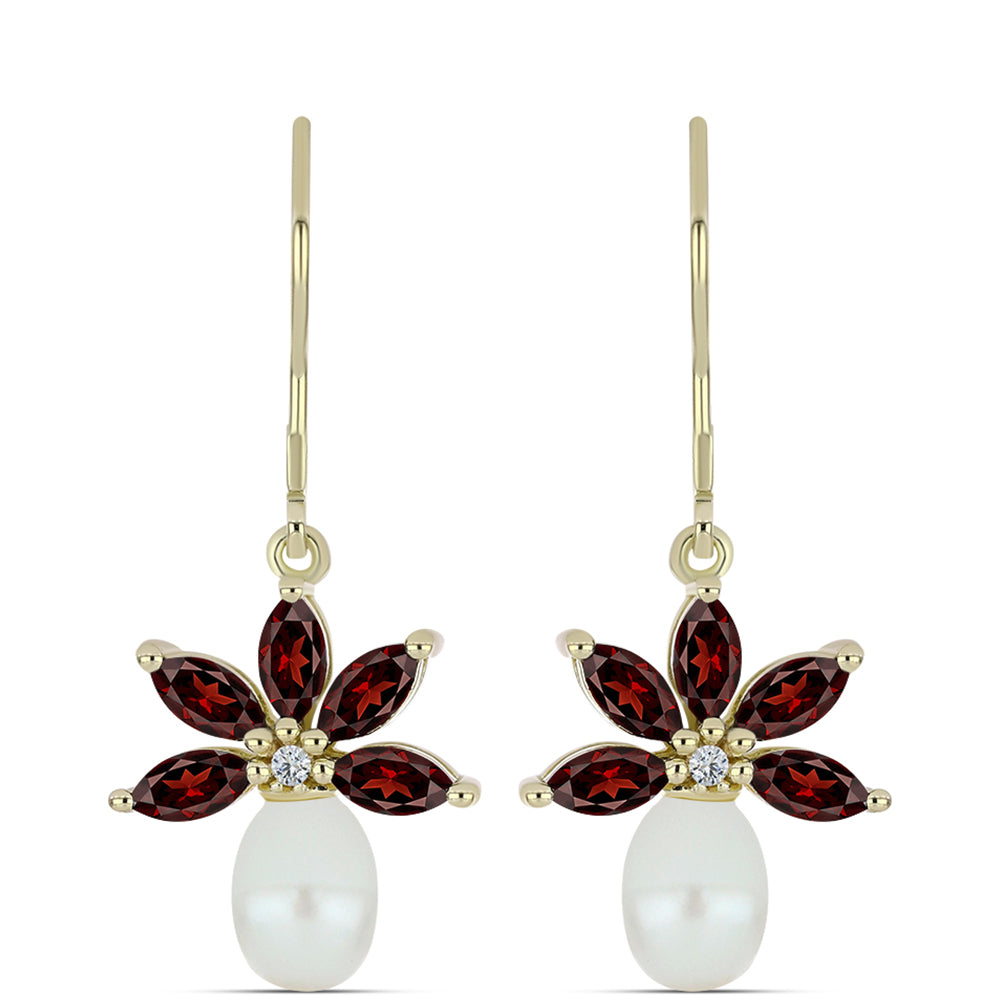 Pozlacené Stříbro 925/1000 - Náušnice s Bartonským Granátem a Bílou Sladkovodní Perlou - Karátové číslo: 5.27. přibližná hmotnost: 3.81 gramů