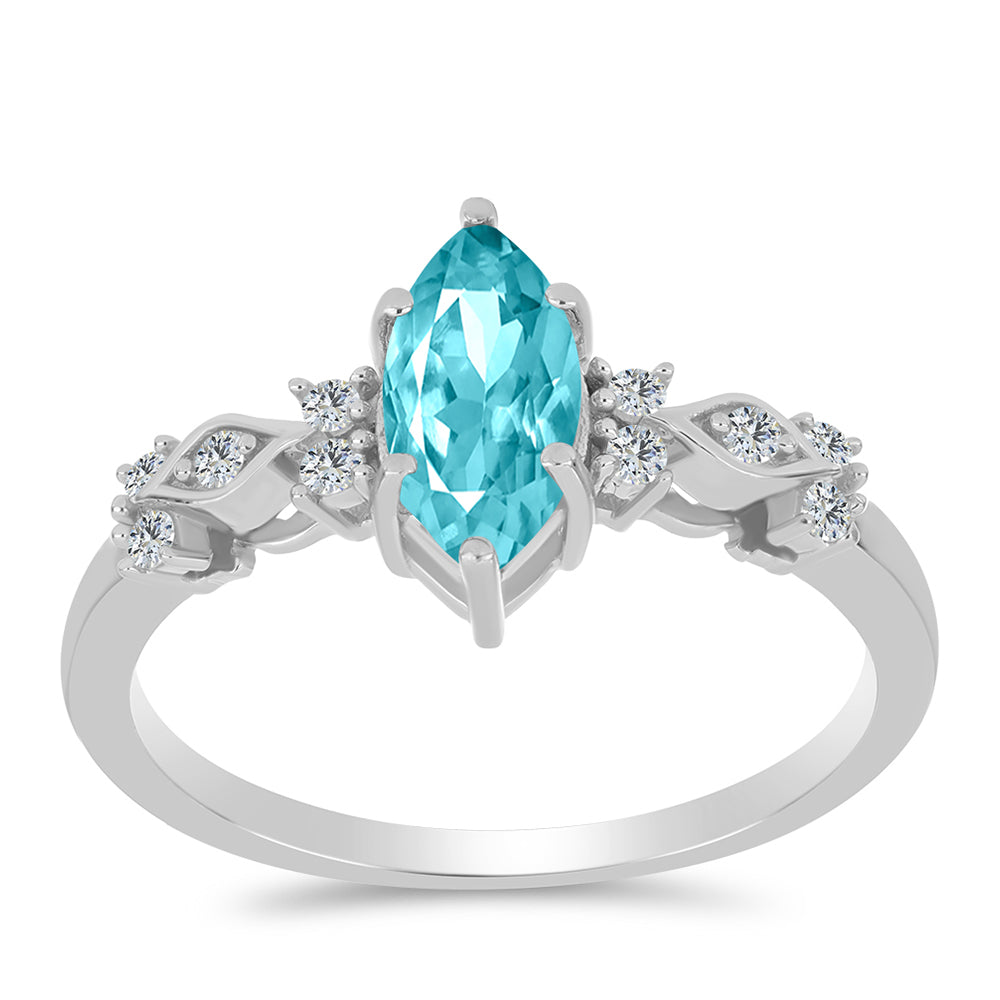 Stříbro 925/1000 - Prsten s Paraiba Křemenem a Bílým Topazem - Karátové číslo: 1.07. přibližná hmotnost: 2.31 gramů