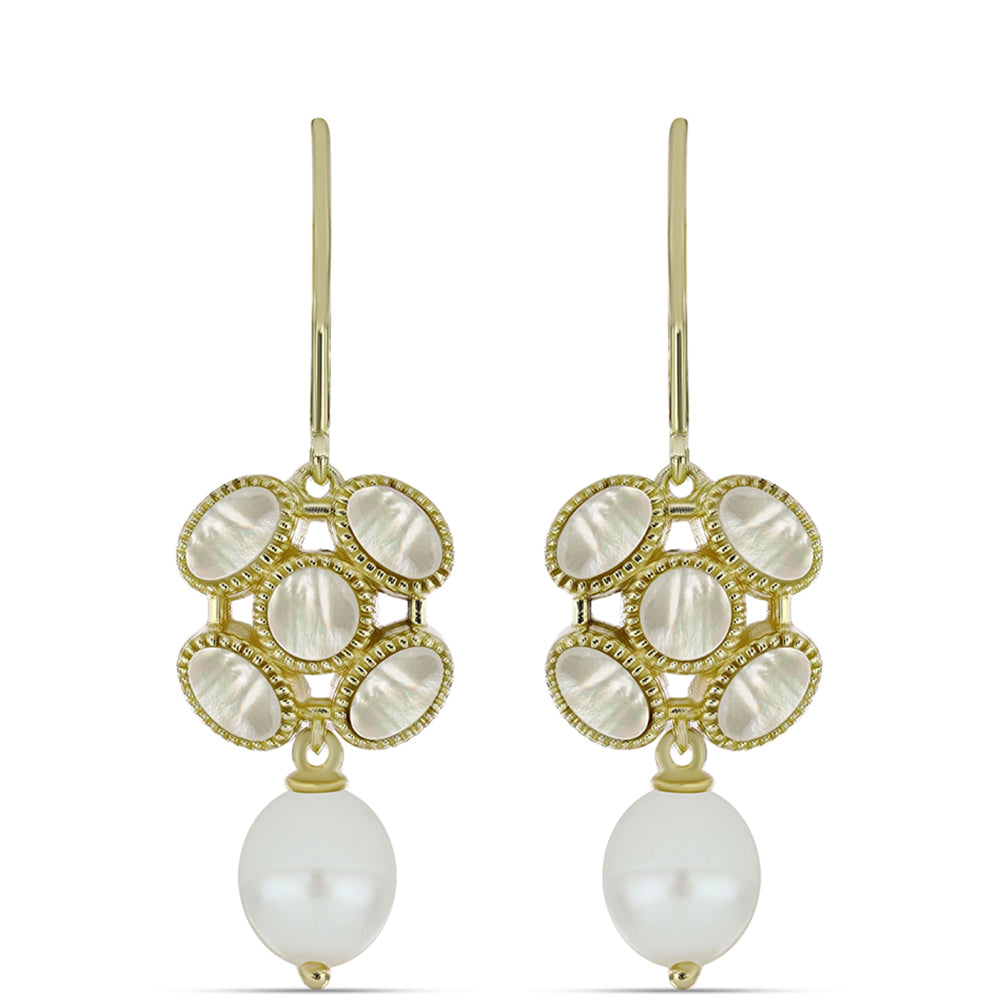 Pozlacené Stříbro 925/1000 - Náušnice s Lasturou a Bílou Sladkovodní Perlou - Karátové číslo: 9.44. přibližná hmotnost: 6.04 gramů 1 