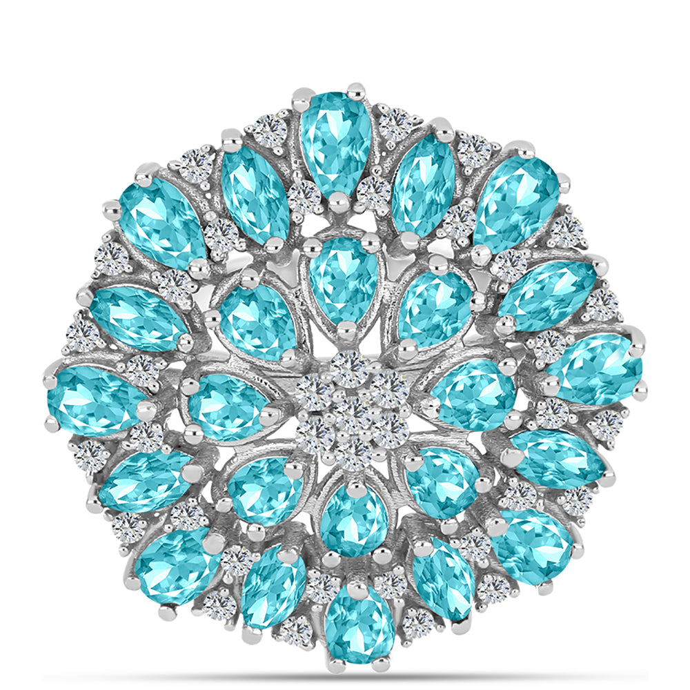 Stříbro 925/1000 - Prsten s Paraiba Křemenem a Bílým Topazem - Karátové číslo: 3.73. přibližná hmotnost: 6.34 gramů