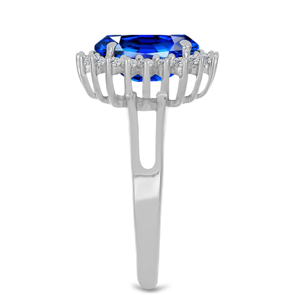 Stříbro 925/1000 - Prsten s Umělým Safírem a Bílým Zirkonem - Karátové číslo: 2.35. přibližná hmotnost: 3.18 gramů