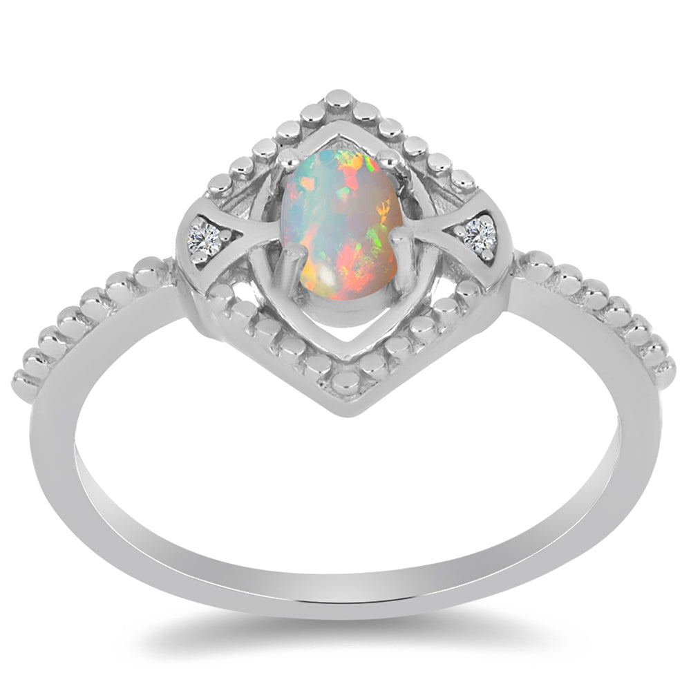 Stříbro 925/1000 Prsten s Etiopským Opálem z Lega Dembi a Bílým Zirkonem - Karátové číslo: 0.31. přibližná hmotnost: 2.37 gramů 3 