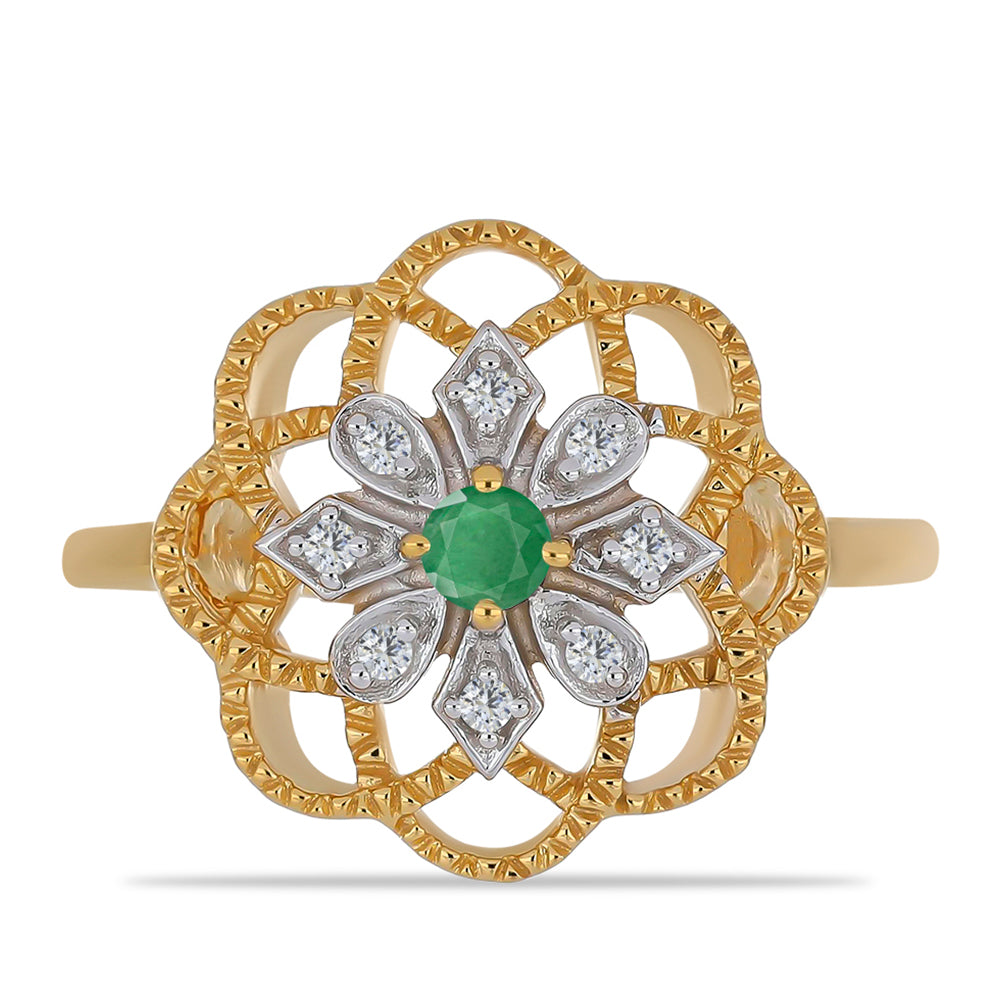 Pozlacené Stříbro 925/1000 - Prsten s Brazilským Smaragdem a Bílým Zirkonem - Karátové číslo: 0.26. přibližná hmotnost: 3.42 gramů 1 