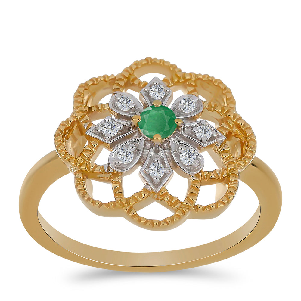 Pozlacené Stříbro 925/1000 - Prsten s Brazilským Smaragdem a Bílým Zirkonem - Karátové číslo: 0.26. přibližná hmotnost: 3.42 gramů