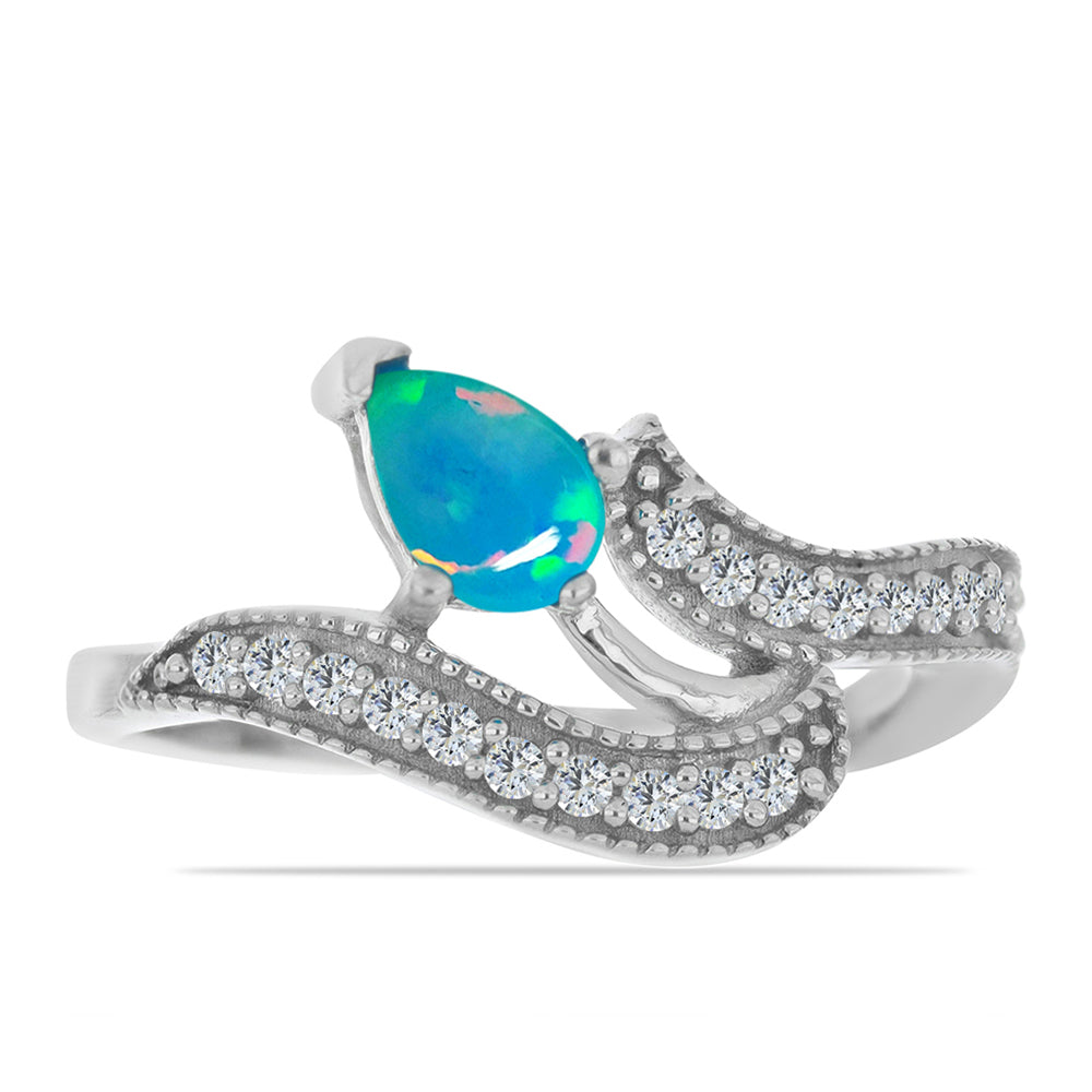 Stříbro 925/1000 Prsten s Etiopským Opálem z Lega Dembi a Bílým Zirkonem - Karátové číslo: 0.49. přibližná hmotnost: 2.44 gramů 1 