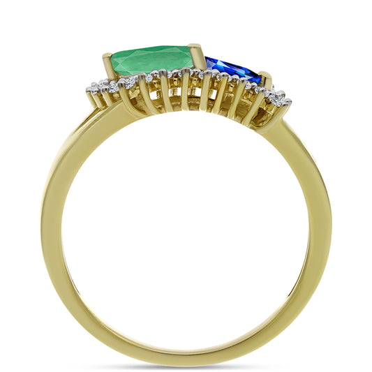 Pozlacené Stříbro 925/1000 - Prsten s Australským Modrým Safírem a Brazilským Smaragdem - Karátové číslo: 1.28. přibližná hmotnost: 2.97 gramů