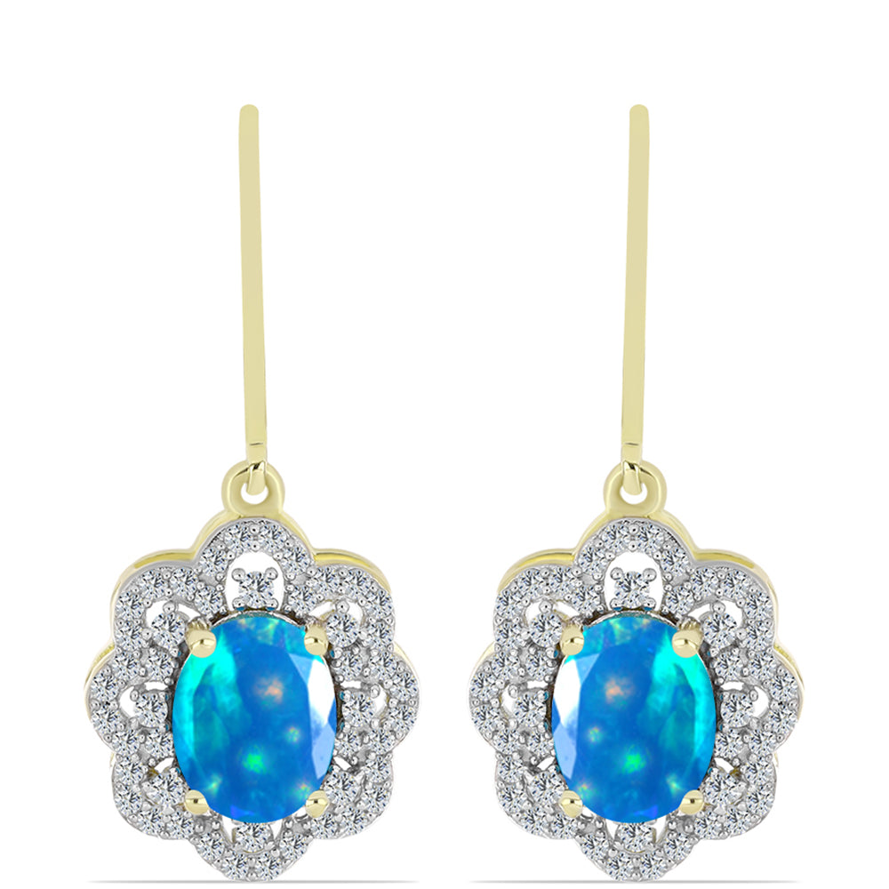 Pozlacené Stříbro 925/1000 - Náušnice s Etiopským Nebeským Opálem a Bílým Topazem - Karátové číslo: 3.19. přibližná hmotnost: 4.63 gramů