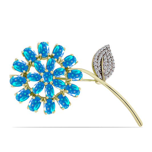 Pozlacené Stříbro 925/1000 - Brož s Etiopským Nebeským Opálem a Bílým Topazem - Karátové číslo: 4.72. přibližná hmotnost: 7.54 gramů