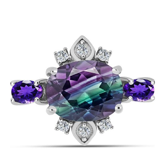 Stříbro 925/1000 - Prsten se Zebra Fluoritem a Marockým Ametystem - Karátové číslo: 3.73. přibližná hmotnost: 3.27 gramů