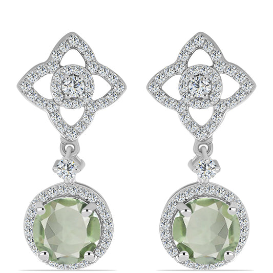 Stříbro 925/1000 - Náušnice se Zeleným Ametystem a Bílým Topazem - Karátové číslo: 4.77. přibližná hmotnost: 5.83 gramů