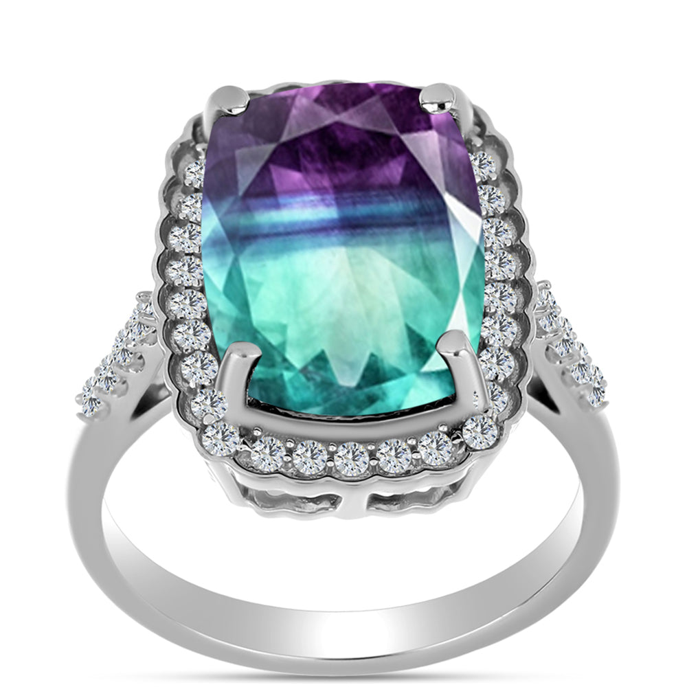 Stříbro 925/1000 - Prsten se Zebra Fluoritem a Bílým Topazem - Karátové číslo: 8.5. přibližná hmotnost: 5.28 gramů 3 