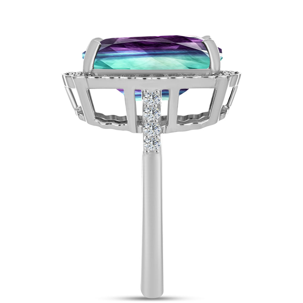 Stříbro 925/1000 - Prsten se Zebra Fluoritem a Bílým Topazem - Karátové číslo: 8.5. přibližná hmotnost: 5.28 gramů