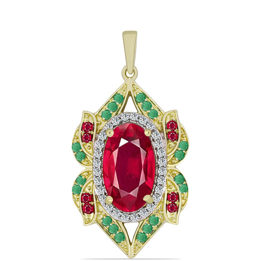 Pozlacené Stříbro 925/1000 - Přívěsek s Madagaskarským Rubínem a Brazilským Smaragdem - Karátové číslo: 7.05. přibližná hmotnost: 5.37 gramů