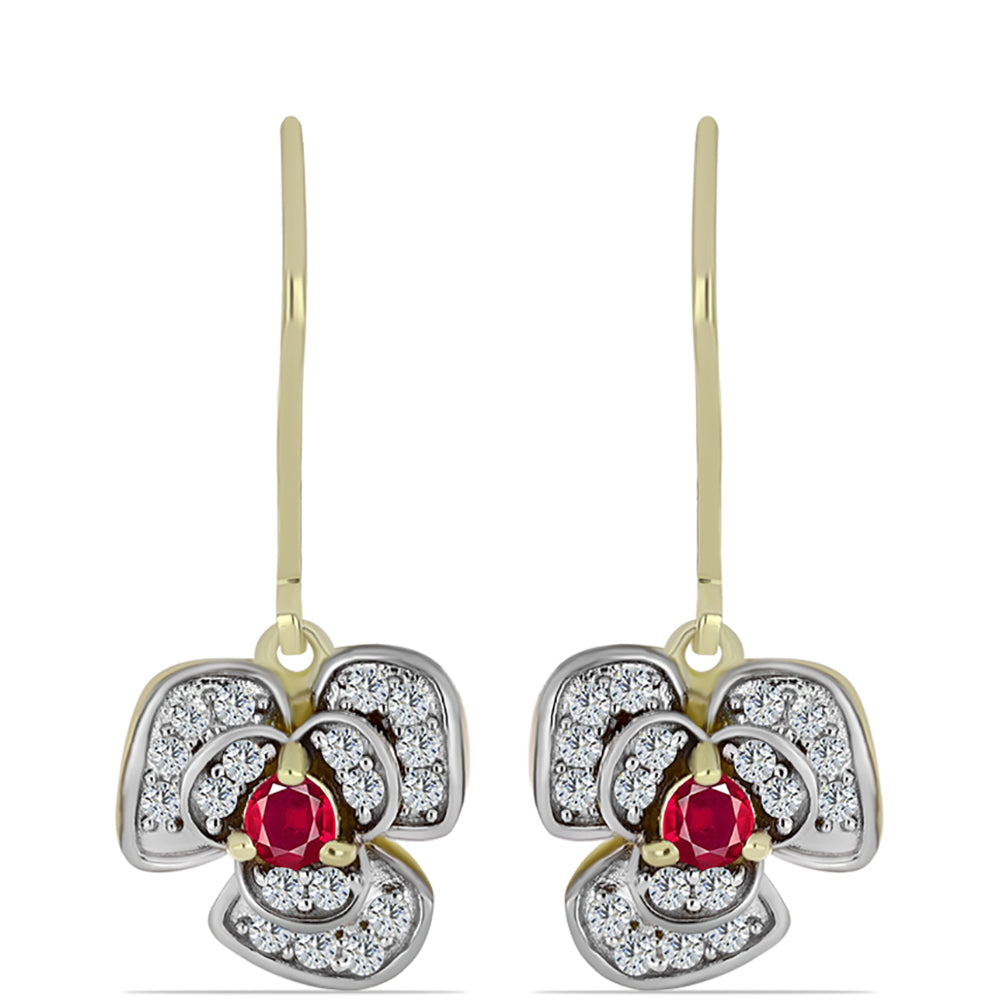 Pozlacené Stříbro 925/1000 - Náušnice s Madagaskarským Rubínem a Bílým Topazem - Karátové číslo: 0.73. přibližná hmotnost: 3.4 gramů