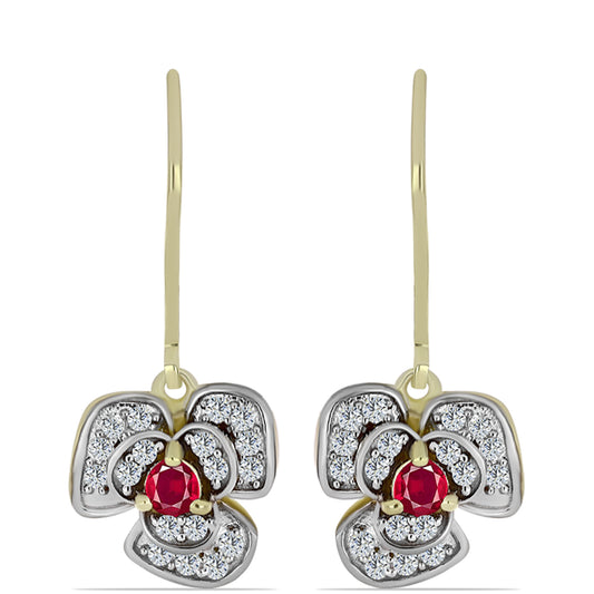 Pozlacené Stříbro 925/1000 - Náušnice s Madagaskarským Rubínem a Bílým Topazem - Karátové číslo: 0.73. přibližná hmotnost: 3.4 gramů