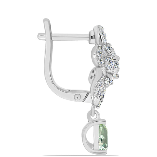 Stříbro 925/1000 - Náušnice se Zeleným Ametystem a Bílým Topazem - Karátové číslo: 2.12. přibližná hmotnost: 5.69 gramů