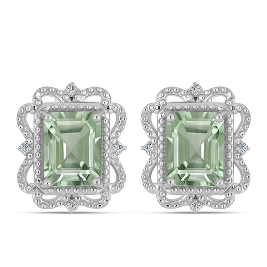 Stříbro 925/1000 - Náušnice se Zeleným Ametystem a Bílým Topazem - Karátové číslo: 4.45. přibližná hmotnost: 5.64 gramů