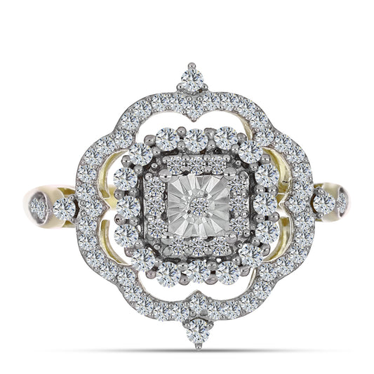 Pozlacené Stříbro 925/1000 - Prsten s Bílým Diamantem a Bílým Topazem - Karátové číslo: 0.83. přibližná hmotnost: 3.5 gramů