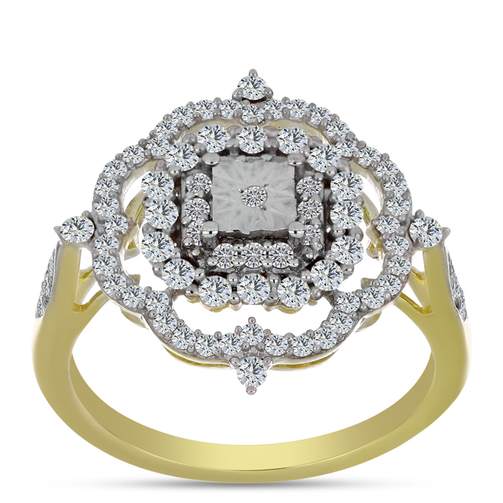 Pozlacené Stříbro 925/1000 - Prsten s Bílým Diamantem a Bílým Topazem - Karátové číslo: 0.83. přibližná hmotnost: 3.5 gramů