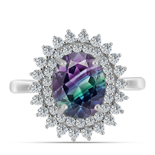 Stříbro 925/1000 - Prsten se Zebra Fluoritem a Bílým Topazem - Karátové číslo: 4.1. přibližná hmotnost: 3.82 gramů