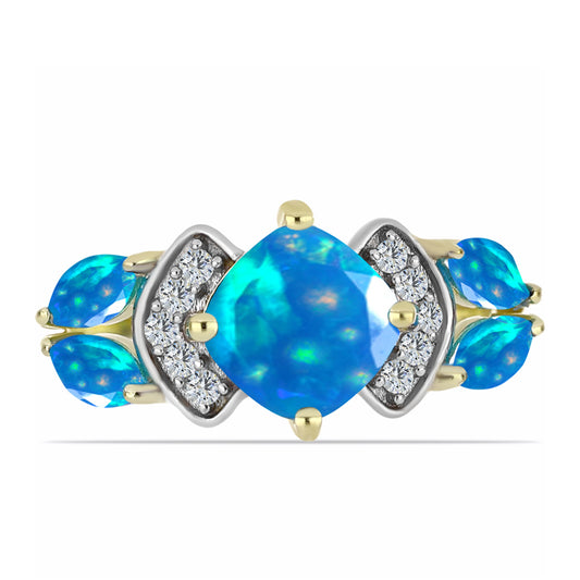 Pozlacené Stříbro 925/1000 - Prsten s Etiopským Nebeským Opálem a Bílým Topazem - Karátové číslo: 1.3. přibližná hmotnost: 2.69 gramů