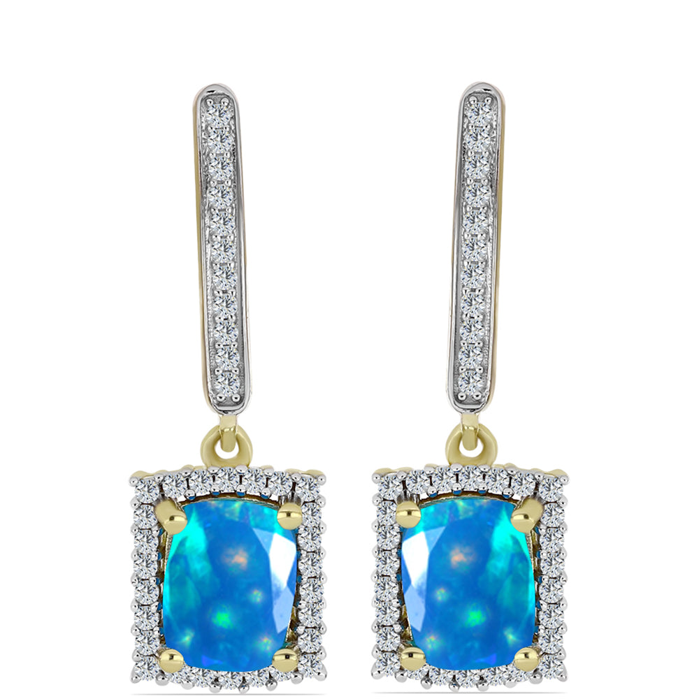 Pozlacené Stříbro 925/1000 - Náušnice s Etiopským Nebeským Opálem a Bílým Topazem - Karátové číslo: 2.25. přibližná hmotnost: 5.08 gramů