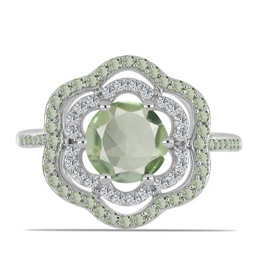 Stříbro 925/1000 - Prsten se Zeleným Ametystem a Čchang-pajským Peridotem - Karátové číslo: 2.28. přibližná hmotnost: 3.81 gramů