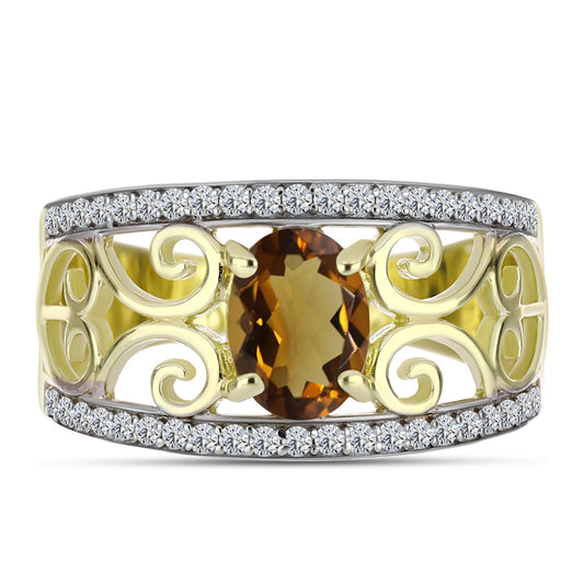 Pozlacené Stříbro 925/1000 - Prsten s Koňakovým Křemenem a Bílým Topazem - Karátové číslo: 1.43. přibližná hmotnost: 4.93 gramů