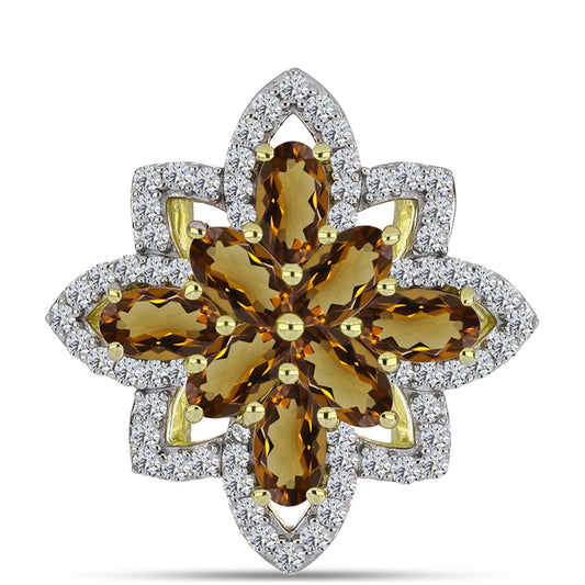 Pozlacené Stříbro 925/1000 - Prsten s Koňakovým Křemenem a Bílým Topazem - Karátové číslo: 2.2. přibližná hmotnost: 4.36 gramů