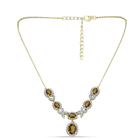 Pozlacené Stříbro 925/1000 - Náhrdelník s Koňakovým Křemenem a Bílým Topazem - Karátové číslo: 8.46. přibližná hmotnost: 10.31 gramů