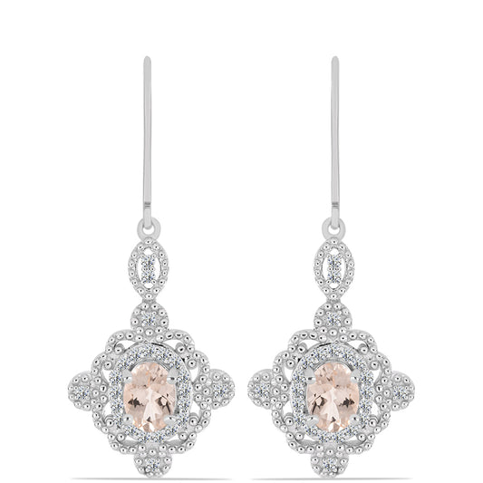 Stříbro 925/1000 - Náušnice s Morganitem z Gozarehu a Bílým Topazem - Karátové číslo: 1.96. přibližná hmotnost: 5.35 gramů