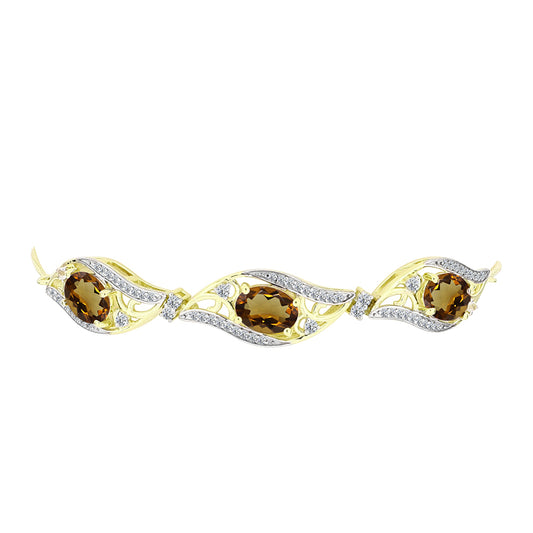 Pozlacené Stříbro 925/1000 - Náramek s Koňakovým Křemenem a Bílým Topazem - Karátové číslo: 5.68. přibližná hmotnost: 8.27 gramů