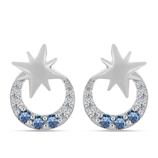 Stříbro 925/1000 - Náušnice s S Oceánově Modrým Moissanitem a Bílým Topazem - Karátové číslo: 0.26. přibližná hmotnost: 1.8 gramů