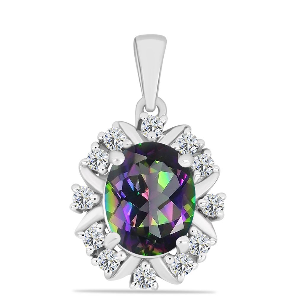 Stříbro 925/1000 - Přívěsek s Brazilským Mystickým Zeleným Křemenem a Bílým Topazem - Karátové číslo: 2.7. přibližná hmotnost: 2.2 gramů