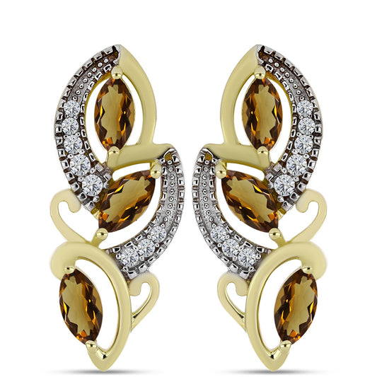 Pozlacené Stříbro 925/1000 - Náušnice s Koňakovým Křemenem a Bílým Topazem - Karátové číslo: 1.61. přibližná hmotnost: 4.97 gramů
