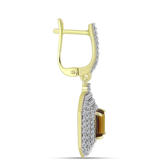 Pozlacené Stříbro 925/1000 - Náušnice s Koňakovým Křemenem a Bílým Topazem - Karátové číslo: 3.85. přibližná hmotnost: 8.73 gramů