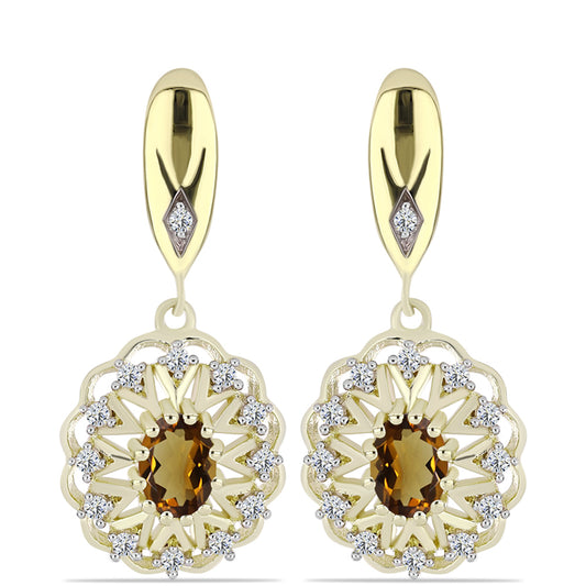 Pozlacené Stříbro 925/1000 - Náušnice s Koňakovým Křemenem a Bílým Topazem - Karátové číslo: 1.88. přibližná hmotnost: 8.37 gramů