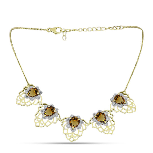 Pozlacené Stříbro 925/1000 - Náhrdelník s Koňakovým Křemenem a Bílým Topazem - Karátové číslo: 11.51. přibližná hmotnost: 13.57 gramů