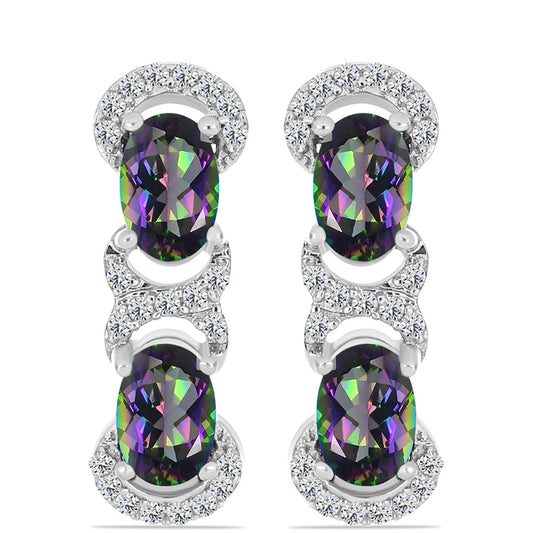 Stříbro 925/1000 - Náušnice s Brazilským Mystickým Zeleným Křemenem a Bílým Topazem - Karátové číslo: 1.89. přibližná hmotnost: 3.53 gramů